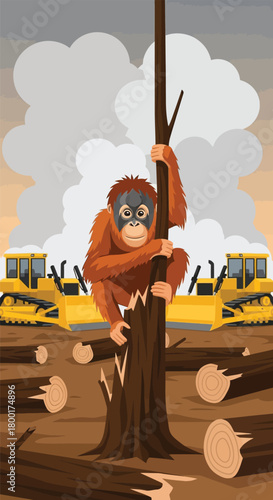 Orangutan clinging to a tree trunk amidst deforestation scenery with bulldozers