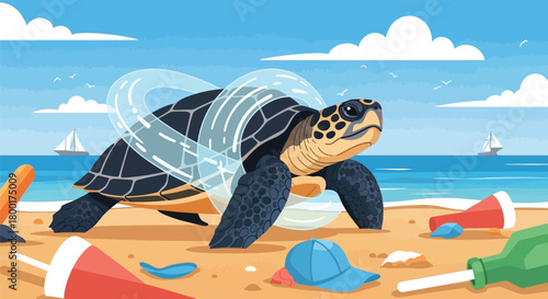 Sea turtle entangled in plastic rings on polluted beach environment