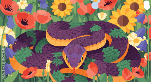 Vibrant snake amidst a colorful floral landscape, detailed vector art