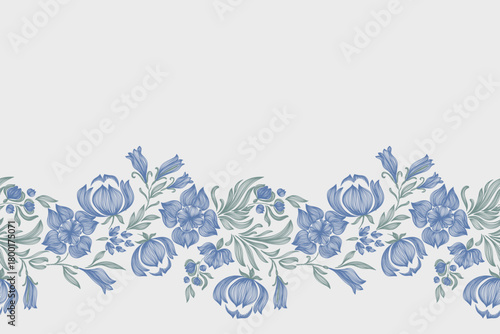 Vintage floral ethnic tapestry modern embroidery texture boho design vector illustration hand drawn silhouette indigo blue flower motif branches leaves wallpaper seamless background border.	
