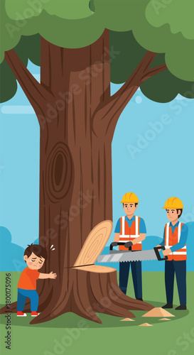 Emotional distress of a child witnessing deforestation by lumberjacks