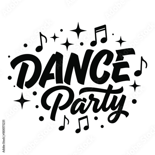 Bold Dance Party Typography Design with Music Notes and Star Accents