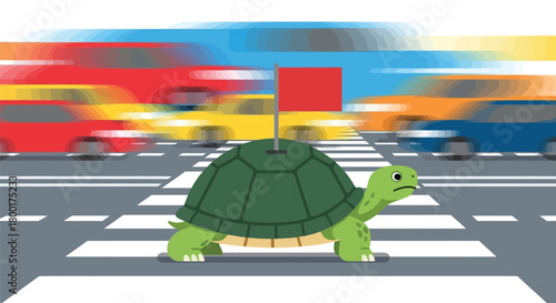 Turtle crossing a street, symbol of slowness amidst fast moving traffic