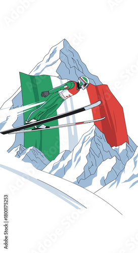 Italian ski jumper soars over snowy peaks representing nation's pride