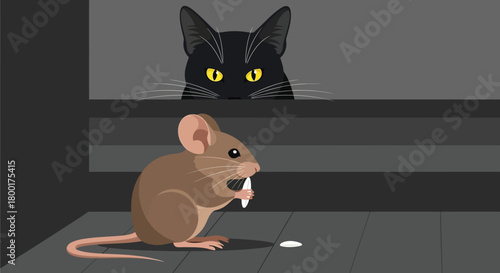 Cartoon depiction of a stealthy cat observing a vulnerable mouse snacking