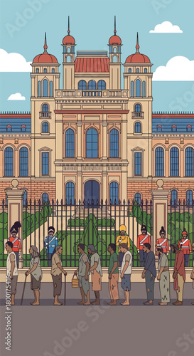 Queue of Destitute People Awaiting Assistance in Front of Grand Building