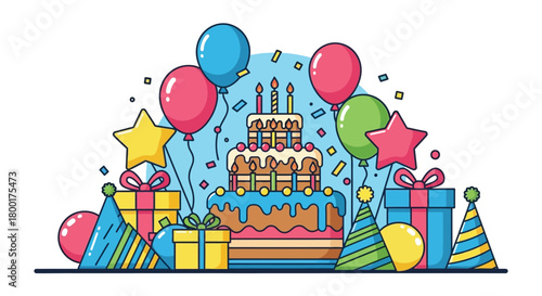 Celebration extravaganza: Festive cartoon illustration of birthday treats