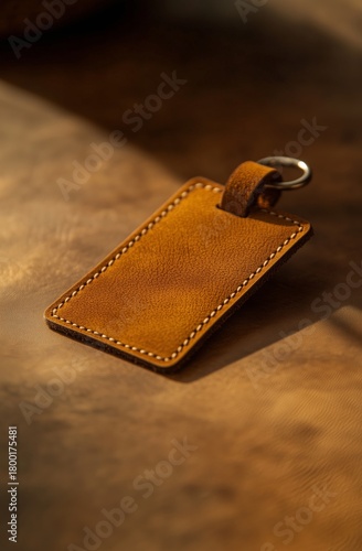 Unique Brown Leather Keychain on a Textured Surface With Sunlight Casting Gen...