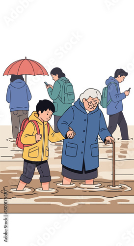 Young boy assists senior woman through flooded street during a disaster