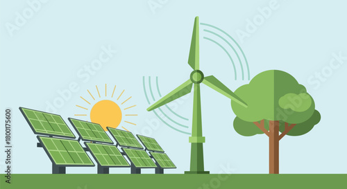 Innovative sustainable power generation in a green landscape illustration