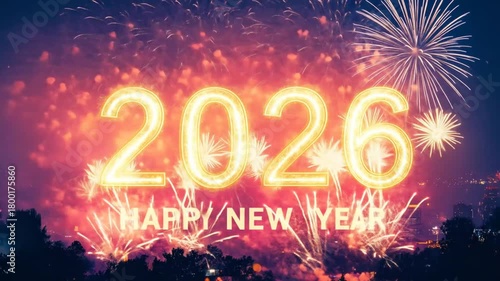 Happy New Year 2026 Celebration with Fireworks Display.