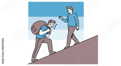 Exhausted man struggling with heavy burden uphill, while another offers advice