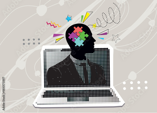 Creative mind, brainstorm. Person, businessman, on screen laptop, expert with puzzle instead head.  surrounded geometric shapes.planning and manage to success business,smart idea and teamwork.