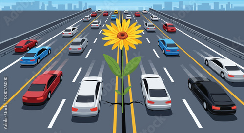 Resilience and Growth: A Sunflower Blooms Amidst Highway Traffic