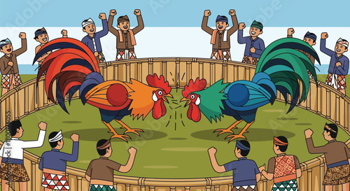 Traditional indonesian cockfight illustration with enthusiastic spectators watching