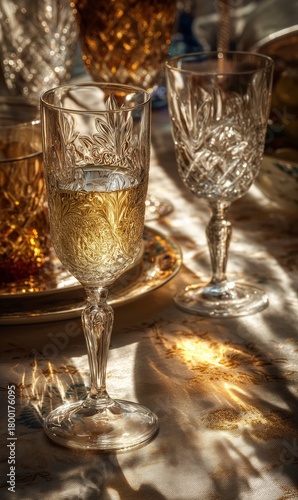Elegant Crystal Glasses on a Table Reflecting Sunlight in a Warm Setting