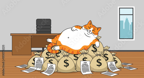 Cartoon of a pampered cat resting on bags overflowing with money in a office
