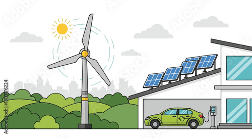 Eco-Friendly Home with Solar Panels, Electric Car, and Wind Turbine Generation