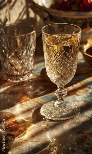 Elegant Crystal Glasses Filled With a Drink on a Textured Table Surface in So...
