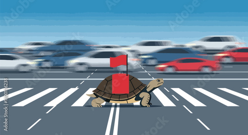 Turtle crossing road against car traffic symbolizing slow progress or process