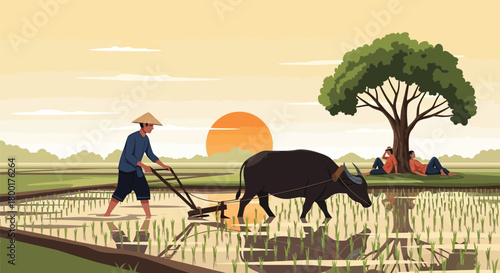 Tranquil Rural Life Depicting a Farmer Plowing Rice Fields with Buffalo