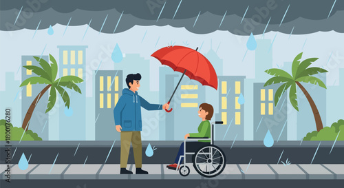 A kind man protects a disabled woman with an umbrella in the rain