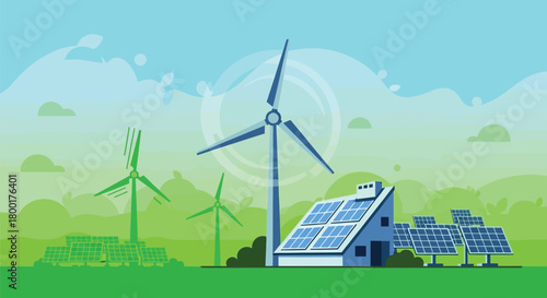 Sustainable future through renewable energy sources windmills and solar panel