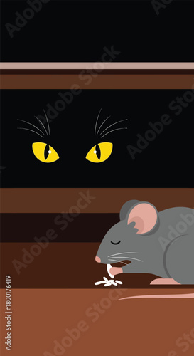 Cartoon depiction of a cat spying on a mouse in a humorous situation