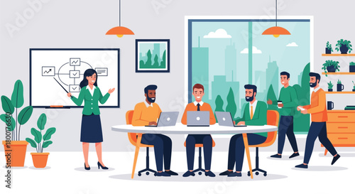 Collaborative corporate presentation with diverse professionals in bright office