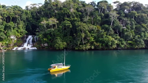 Yellow Sailboat Anchored Near Tropical Waterfall Paradise.