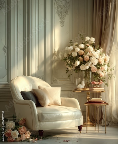 Cozy Corner With Floral Decor and Elegant Chair During Golden Hour in a Beaut...