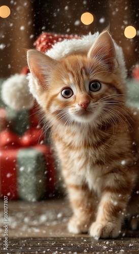 Cute Orange Kitten in Christmas Hat Surrounded by Colorful Gifts During Winte...