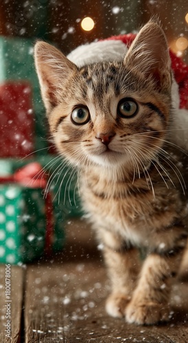 Cute Kitten Wearing Santa Hat Plays Among Christmas Gifts in Winter Setting