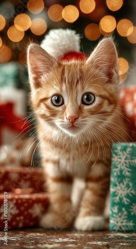 Cute Kitten Wearing Santa Hat Plays Among Christmas Gifts in Winter Setting