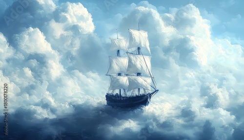 Majestic Ship Sailing Through a Sea of Clouds in a Bright Sky During Daytime