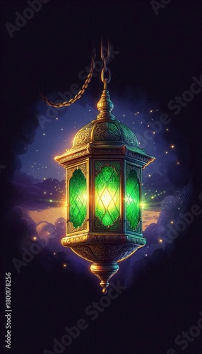 Beautiful green lantern hanging against a starry night sky at dusk with intricate designs and glowing light