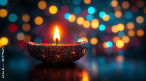 Decorative Oil Lamp Glowing Warmly With Colorful Lights in the Background Dur...
