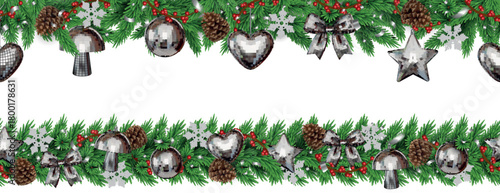 seamless christmas borders with disco ball dedorations and fir branches