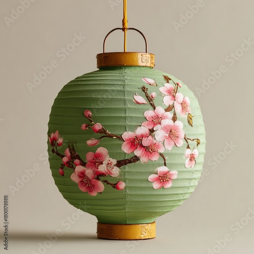 Beautiful Green Paper Lantern With Pink Cherry Blossom Design Hanging Indoors
