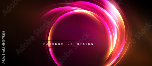 Bright pink neon circles overlap dark background. Text reads background design. Modern abstract illumination. Vibrant energy radiates outward.