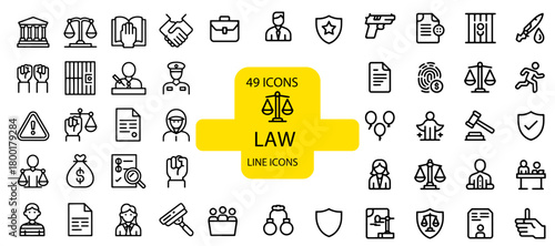 Set of law and justice line icons vector outline design elements for legal services isolated on white background