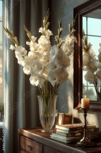 Beautiful White Gladiolus Flowers in a Glass Vase With Soft Evening Light in ...