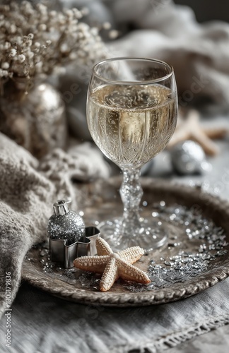 Elegant Glass of Sparkling Wine With Decorations on a Table for a Festive Occ...