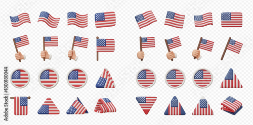 A comprehensive set of 3D rendered American flags in various styles, including waving, on poles, circular badges, and folded shapes.