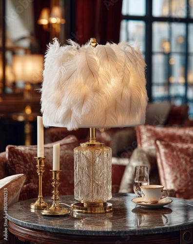 Elegant Table Setting With Feather Lamp and Candlelight in a Cozy Dining Area
