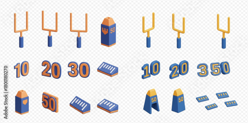 Isometric American football field elements set with goalposts, yard line numbers, down markers, and pylons on transparent background.