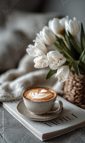 Cozy Morning With Latte Art and Fresh Tulips by the Window in a Warm Living S...
