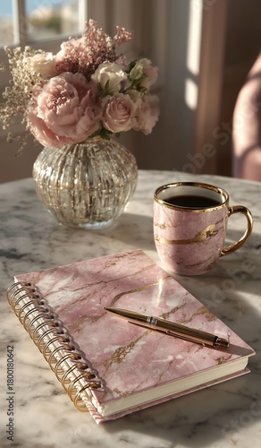 Cozy Morning Scene With a Notebook, Pen, and Tea on a Marble Table