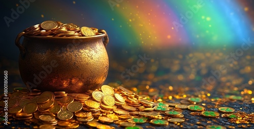 Bright Pot of Gold Overflowing With Coins on a Colorful Background