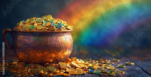 Bright Pot of Gold Overflowing With Coins on a Colorful Background